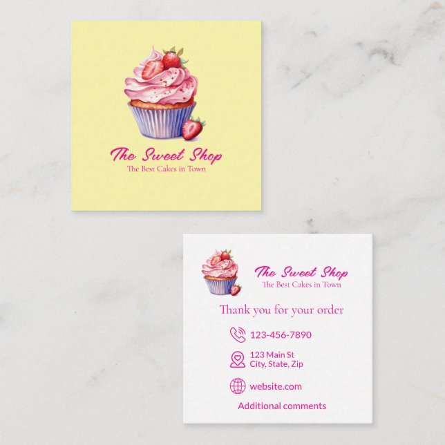 Tarjeta De Visita Cuadrada Yellow Cupcake Bakery Card | Editable Logo (Anverso / Reverso)