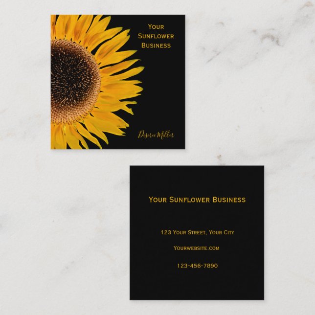 Tarjeta De Visita Cuadrada Yellow Sunflower Black Background Country Rustic (Anverso / Reverso)
