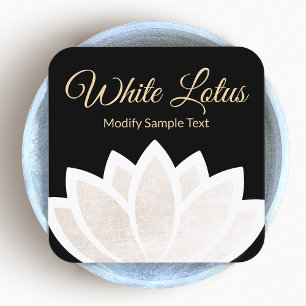 Tarjeta De Visita Cuadrada Yoga Black Square de Flores Blancas Lotus