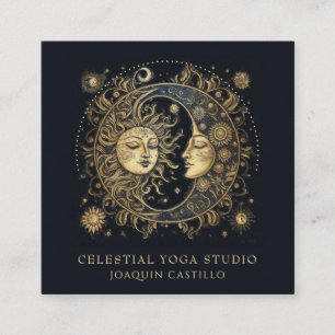 Tarjeta De Visita Cuadrada Yoga Celestial Gold Black Sun Moon