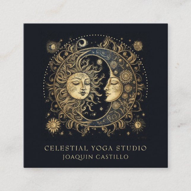 Tarjeta De Visita Cuadrada Yoga Celestial Gold Black Sun Moon (Anverso)
