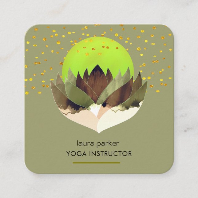 Tarjeta De Visita Cuadrada Yoga Meditación Green Lime Lotus Masaje de Flores (Anverso)