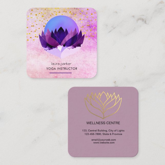 Tarjeta De Visita Cuadrada Yoga Meditación Masaje Purple Lotus Flor (Anverso / Reverso)
