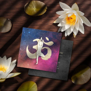 Tarjeta De Visita Cuadrada Yoga Meditación Pose Oro Simbol OM Galaxia Nebulos