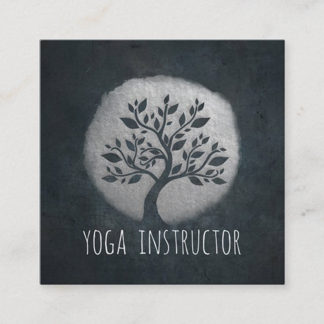 Tarjeta De Visita Cuadrada Yoga Meditation Reiki Instructor Black Silver Tree (Anverso)