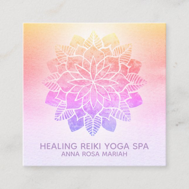 Tarjeta De Visita Cuadrada *~* Yoga Pastel Arcoiris Espiritual Reiki Mandala (Anverso)