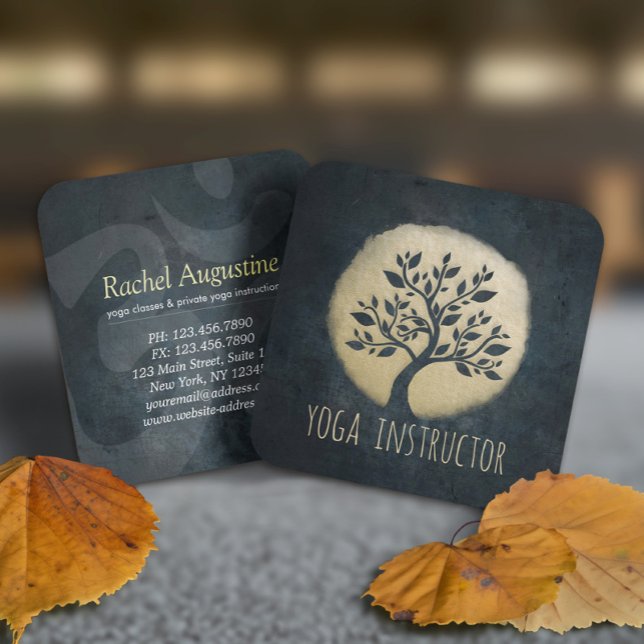 Tarjeta De Visita Cuadrada Yoga Studio Meditation Instructor Black Gold Tree (Subido por el creador)