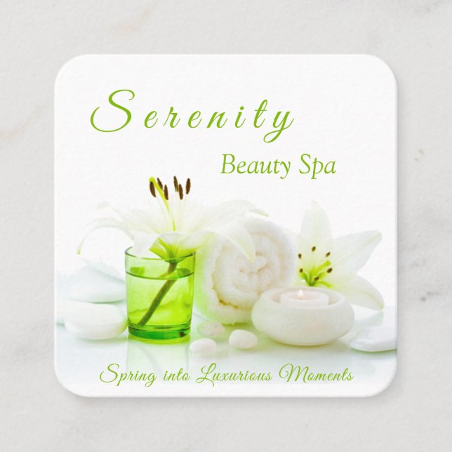 Tarjeta De Visita Cuadrada Zen Rocks & Lilly Flower Green & White Beauty Spa (Anverso)