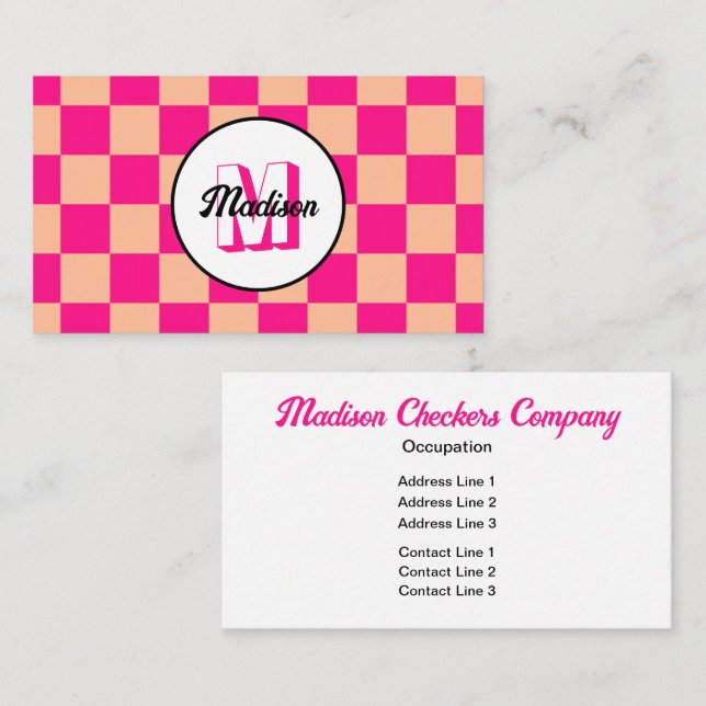 Tarjeta De Visita Cuadrados de cuadros de melocotón rosado caliente  (Anverso / Reverso)