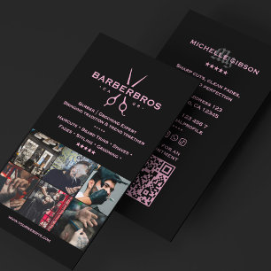 Tarjeta De Visita Cuadrícula de Barbería Estética Rosa y Negra