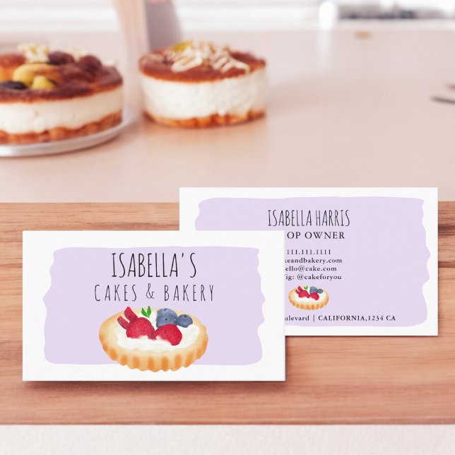Tarjeta De Visita Cuadros de acuarela pastel pastelería guión de pan (Cute watercolor pie cakes bakery script purple business card)