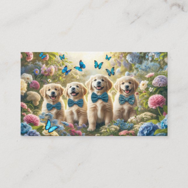 Tarjeta De Visita Cuatro Cachorros Golden Retriever con mariposas (Anverso)