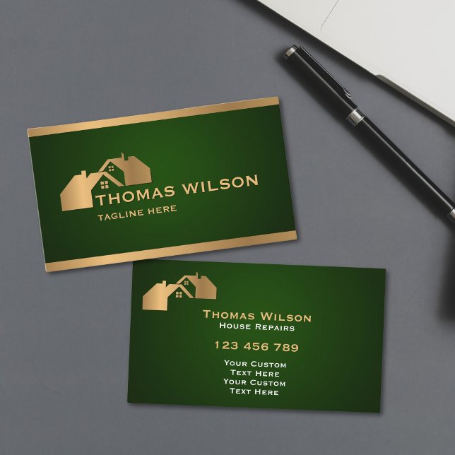 Tarjeta De Visita Cubierta de carpintero de mano de construcción pro (modern carpenter handyman business cards with emerald green background and gold rooftops)