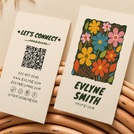 Tarjeta De Visita Cubierta de código QR con floral colorida retro fu