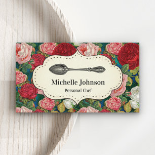 Tarjeta De Visita Cuchara Floral Rosas Rojas Vintage para Chef de Ca