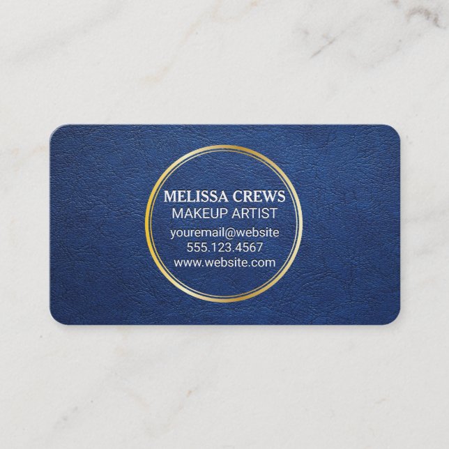 Tarjeta De Visita Cuero azul | Anillo metálico de oro (Anverso)