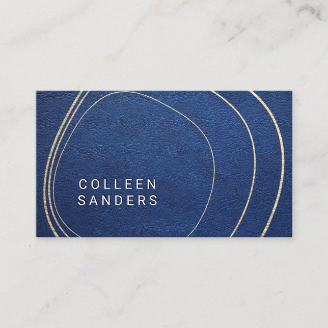 Tarjeta De Visita Cuero azul | Líneas de oro artísticas (Anverso)