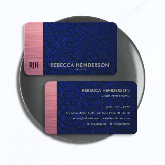 Tarjeta De Visita Cuero Azul Marino y Panel Rosa Metálico Monogram