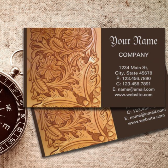 Tarjeta De Visita Cuero de campo rubio-marrón-occidental (Rustic brown western country tooled leather business card)