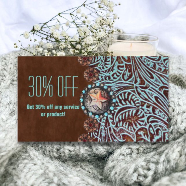 Tarjeta De Visita cuero de color turquesa marrón occidental (turquoise brown western country tooled leather business card)