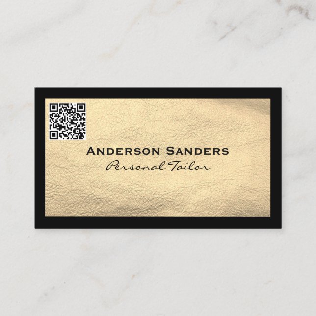 Tarjeta De Visita Cuero de oro negro de moda | Código QR (Anverso)