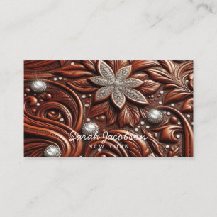 Tarjeta De Visita Cuero Falso Occidental Floral con Patrón de Diaman