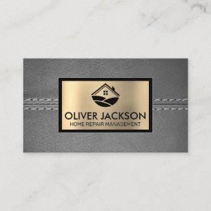 Tarjeta De Visita Cuero gris cosido   Metálico dorado   Icono de hog