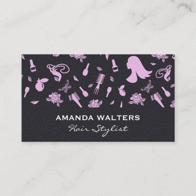 Tarjeta De Visita Cuero negro | Patrones Hair Stylist (Anverso)