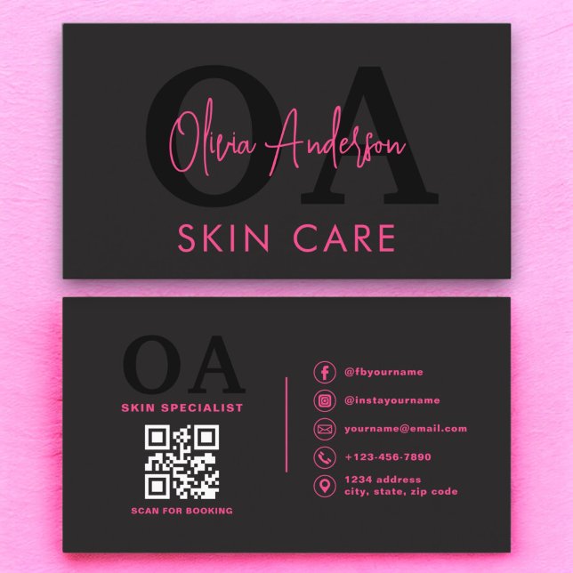 Tarjeta De Visita Cuidado de la piel QR Código Hot Pink Black Social (Subido por el creador)
