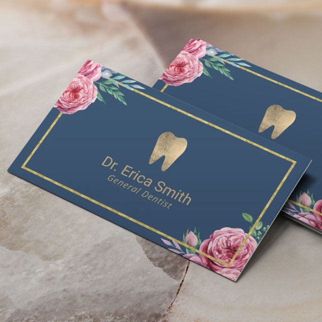 Tarjeta De Visita Cuidado dental elegante marina y dentista floral d (Subido por el creador)