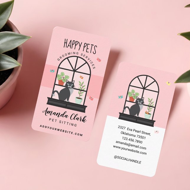 Tarjeta De Visita Cuidado gato negro feliz en el asiento del Mascota (Cute Happy Black Cat on Window Sill Pet Sitting Business Card)