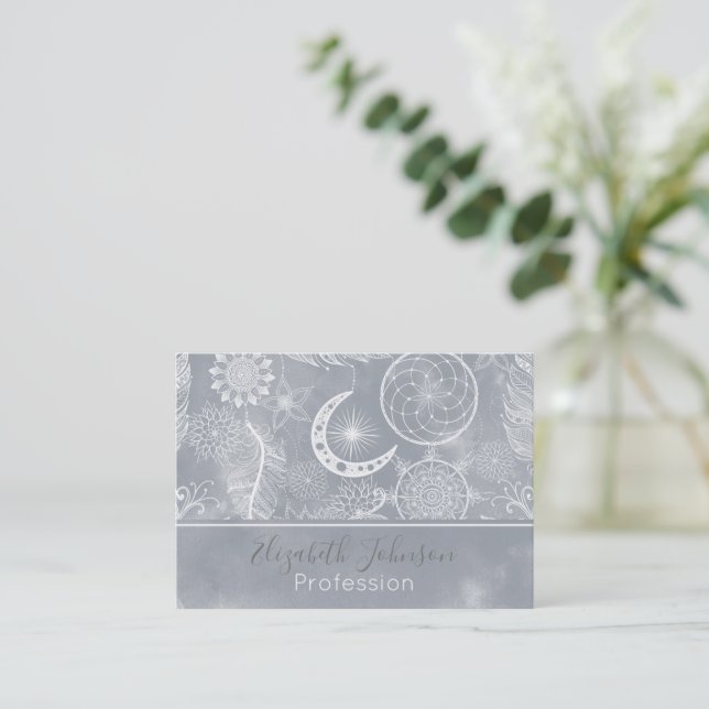 Tarjeta De Visita Cuidado White & Grey Dreamcatcher Feathers Mandala (Anverso de pie)
