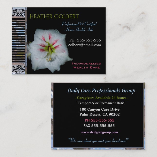Tarjeta De Visita Cuidador de confianza Lily Floral Profesional  (Anverso / Reverso)