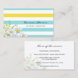 Tarjeta De Visita Cuidador de Daisies Modernas Aqua y Rayas Amarilla