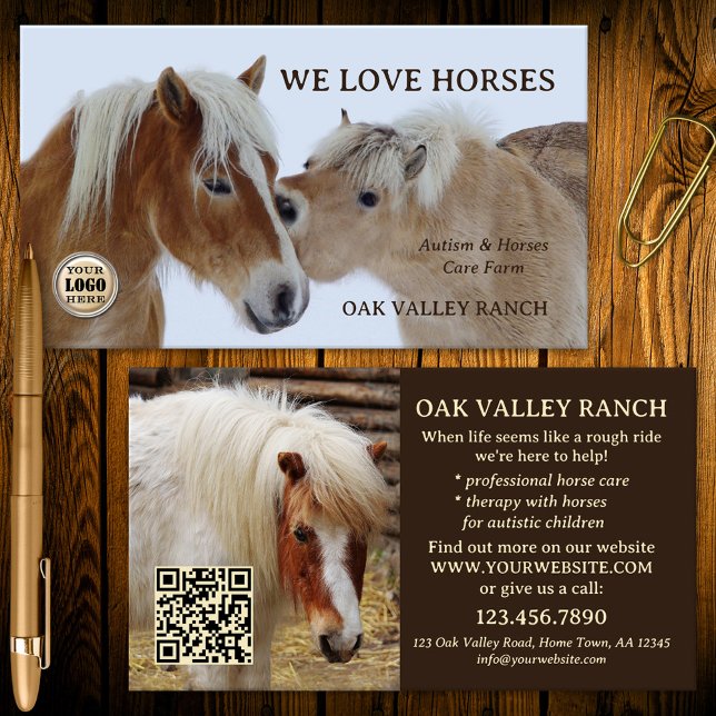 Tarjeta De Visita Cuidados de caballos y terapia de autismo (Horse care and autism therapy equine business card with ponies for horse lovers)