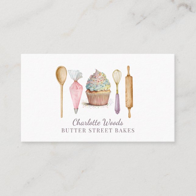 Tarjeta De Visita Cupcake Baker Pastry Chef Baker's Utensils (Anverso)