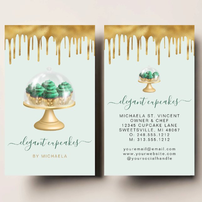 Tarjeta De Visita Cupcake Bakery Emerald Green Faux Gold Foil Drip (Subido por el creador)