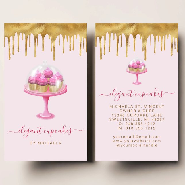 Tarjeta De Visita Cupcake Bakery Pink Faux Gold Foil Drip (Subido por el creador)