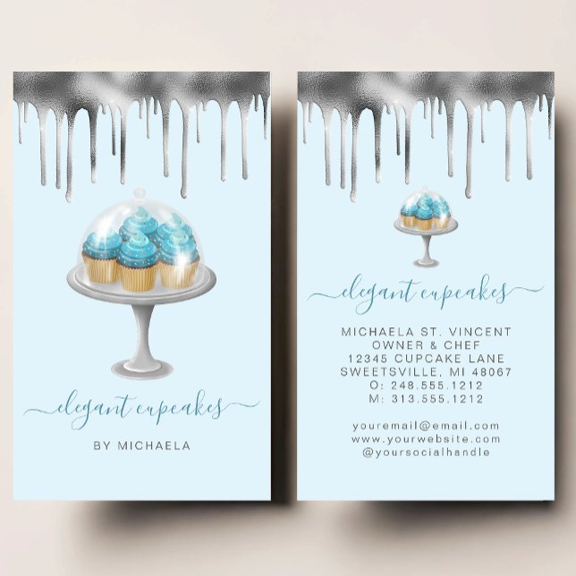 Tarjeta De Visita Cupcake Bakery Teal Faux Silver Foil Drip (Subido por el creador)