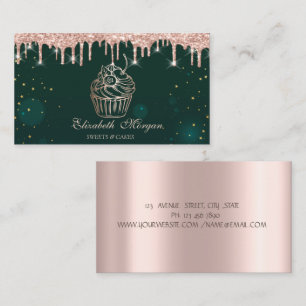 Tarjeta De Visita Cupcake Chic Rosa Dorado Drips Panadería Verde
