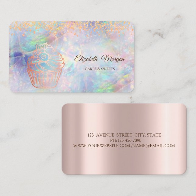 Tarjeta De Visita Cupcake de oro rosa, Dulces, Panadería Opal (Anverso / Reverso)