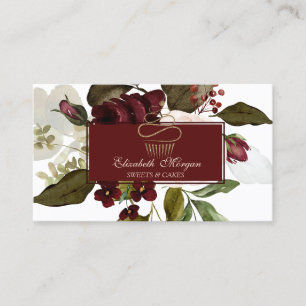Tarjeta De Visita Cupcake dorado de flores borgoña de panadería