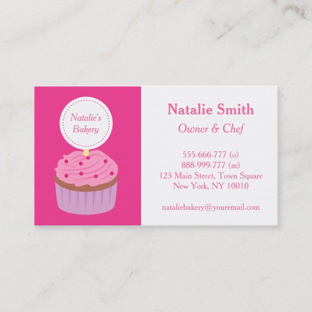 Tarjeta De Visita Cupcake Dulce Glaseado Rosa, Chef de Panadería (Anverso)