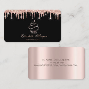Tarjeta De Visita Cupcake Dulce Rosa Dorado con Goteo Negro 