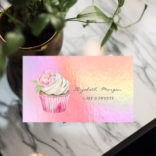 Tarjeta De Visita Cupcake Floral Holográfico de Acuarela Moderna