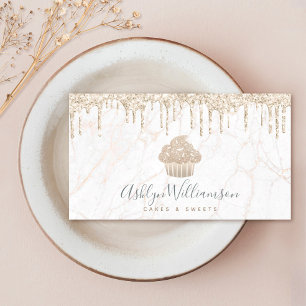 Tarjeta De Visita Cupcake Gold Glitter Drips Marble Bakery Dessert