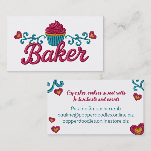 Tarjeta De Visita Cupcake heart bakery baking faux embroidery (Anverso / Reverso)