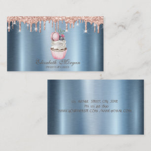 Tarjeta De Visita Cupcake Macaroon Brillantes Goteos Azul Metálico