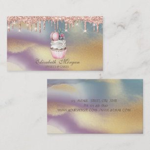 Tarjeta De Visita Cupcake Macaroon Rose Gold Drips, Panadería Colori