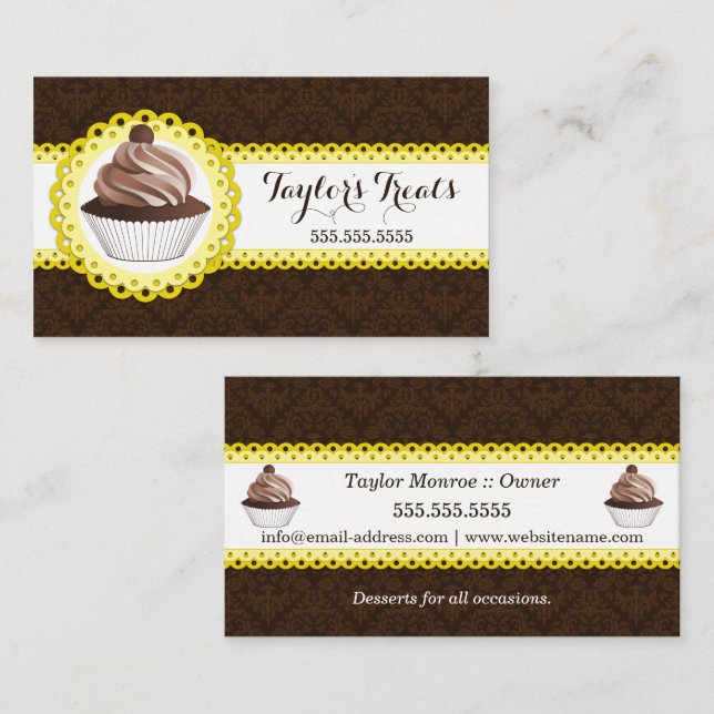 Tarjeta De Visita Cupcake Panadería Damask Borde de vieiras (Anverso / Reverso)